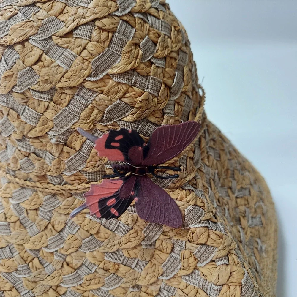 Betmar Women Strew Sun Hat One Size Tan Boho Raffia Butterfly Wide Brim Garden